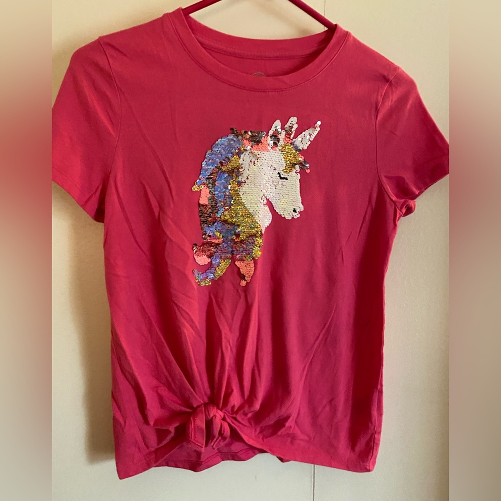 Pink unicorn tee shirt girls size large “10/12”